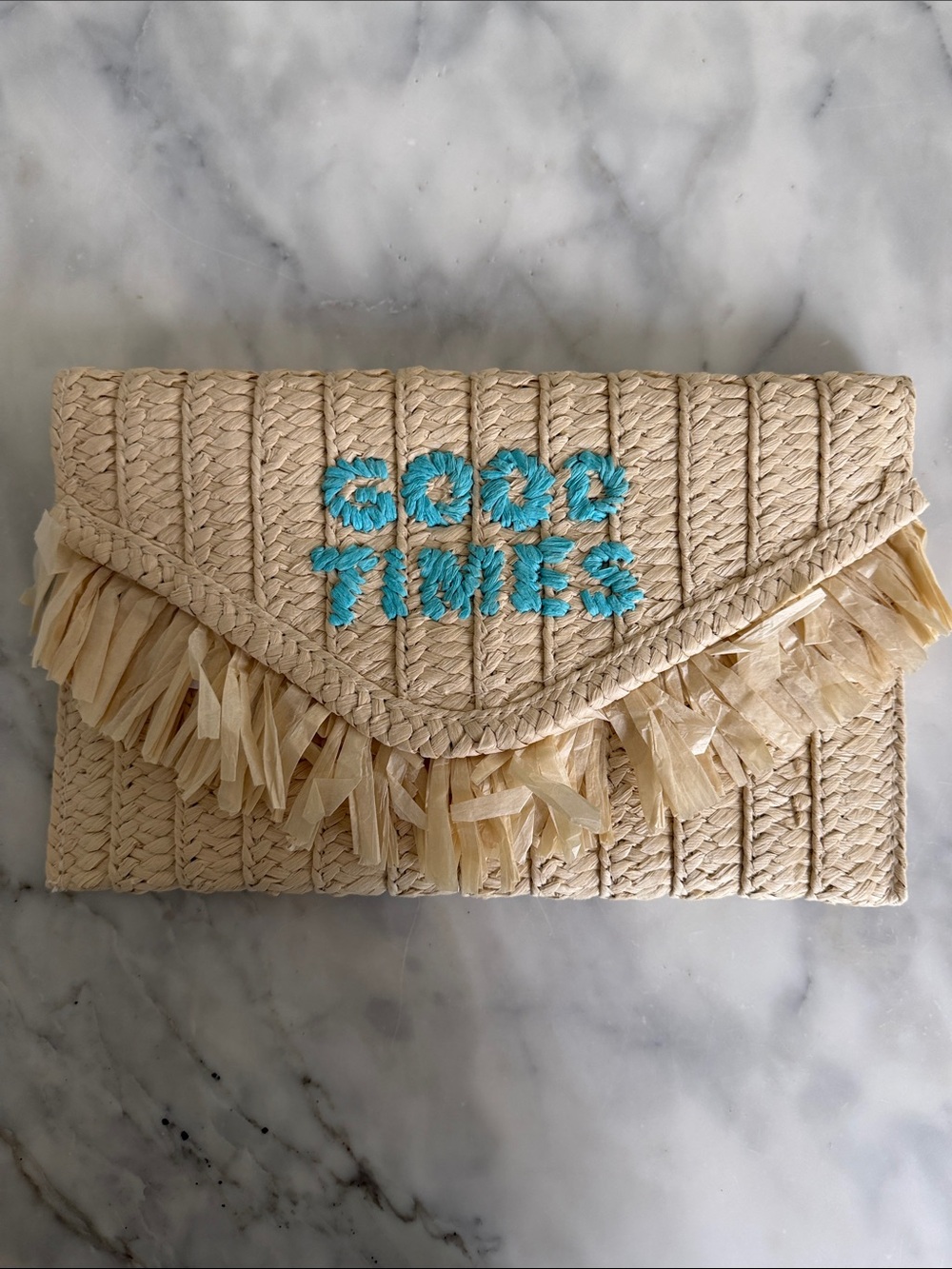 Natural Straw Clutch with Turquoise 'Good Times' Embroidery